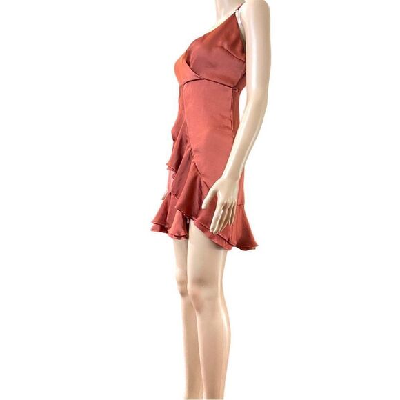 Lucy in the Sky Smooth Satin Orange Rust Ruffle Slip Mini Dress Size S - Picture 3 of 13